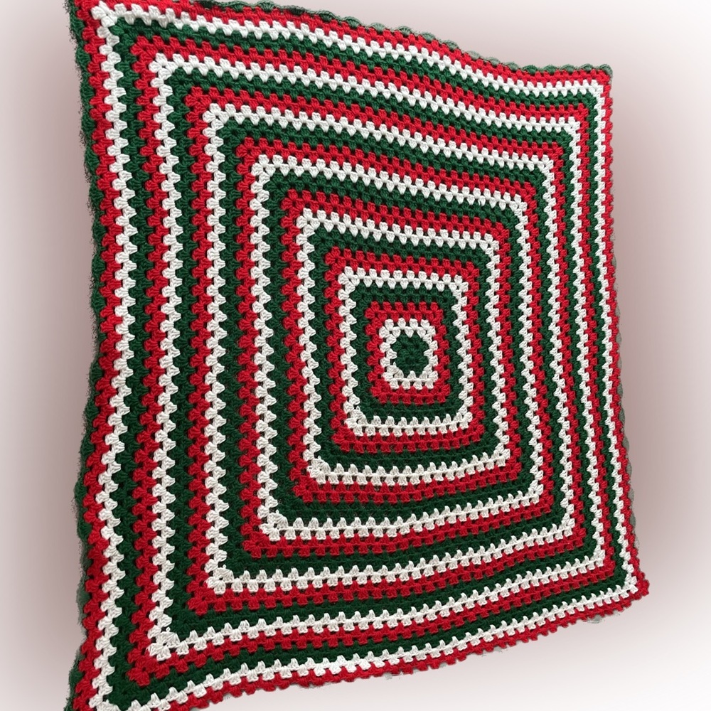 Gorgeous Vintage Granny Square Crocheted Christmas Throw Blanket 53” by 53”